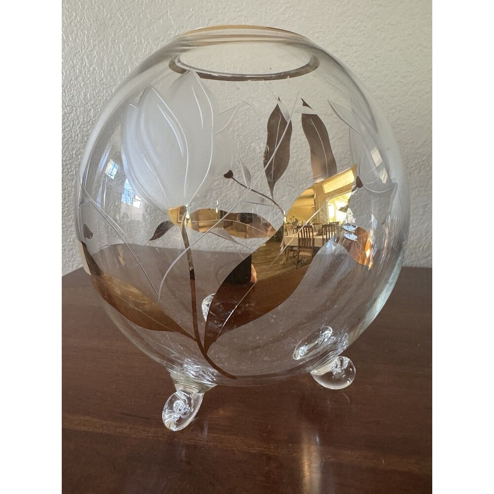 Bohemia Crystal Rose Bowl Vase with Gold Leaf Trim Czechoslovakia